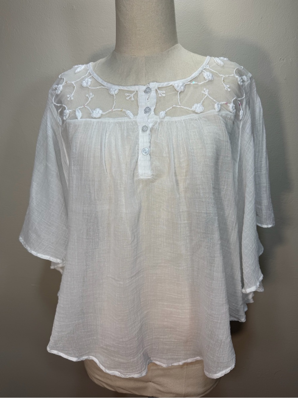 Letarte White Embroidered Gauze Tunic with Button Placket
